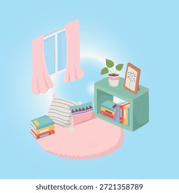 Cozy reading nook with a window, bookshelf, and soft furnishings illustration.