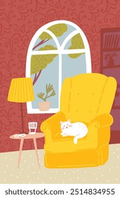 Cozy reading nook, yellow chair with sleeping cat. Comphy room interior flat illustration.