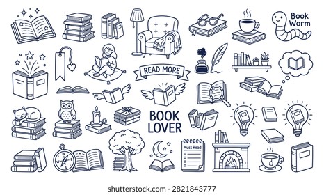Cozy reading scene elements, open books, stacked books, armchair with blanket, reading lamp, eyeglasses, hot tea cup, and bookworm character. Perfect for library, education, and leisure themes. Charming hand-drawn illustrations.