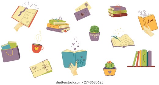 Cozy reading set with books letters coffee cup and potted plants