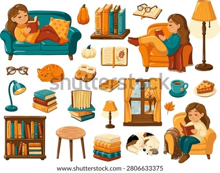 Cozy reading set with books, readers, lamps and autumn home objects. Cartoon vector illustration on white background