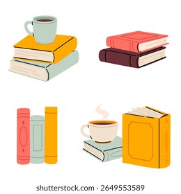 Cozy reading set featuring books, hot coffee, and upright colorful spines for study or relaxation themes