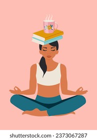 Cozy reading with tea in the lotus position. A young woman meditates on rapid reading and assimilation of knowledge. Studying foreign languages. Vector.