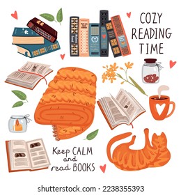 Cozy reading time collection with woolen blanket and a ginger cat.Books,candle,cup,cookies,flowers and leaves,lettering.Vector clip art set on white background.Cartoon flat style illustration.