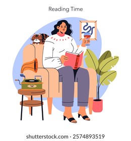 Cozy reading time concept. Woman enjoys a book with a glass of wine alongside a cat and vintage record player. Comfortable leisure activity at home. Vector illustration.