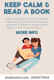 Acogedor cartel del tiempo de lectura con la pareja. Ilustración vectorial de un hombre y una mujer jóvenes sentados de cerca, compartiendo un gran libro, contra un fondo tranquilo con texto