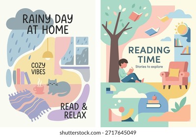 Tiempo de lectura acogedor y Ilustraciones vectoriales de día lluvioso
