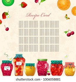 cozy recipe card with preserving cans of fruits and berries for your design