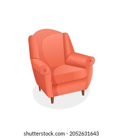 Cozy red armchair on an isolated white background. Vector illustration of a home chair for the interior. Modern furniture for living room, bedroom, lobby. Icon, element.