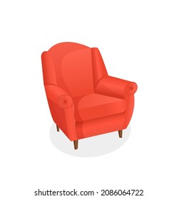 Cozy red armchair on an isolated white background. Vector illustration of a home chair for the interior. Modern furniture for living room, bedroom, lobby. Icon, element