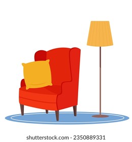 Cozy red armchair with a yellow cushion on it. Floor lamp and armchair with ears on white background