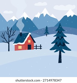 Cozy red cabin glowing in warm light as gentle snow falls beneath tall mountains