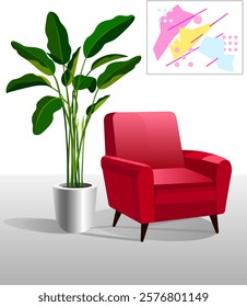 Cozy red chair near flower pot big palm tree abstract painting on wall Vector