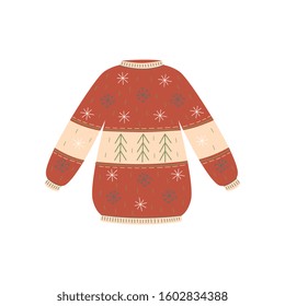 Cozy red Christmas sweater with Nordic snowflake pattern - colorful isolated jumper for New Year party or winter fashion - holiday season clothing vector illustration