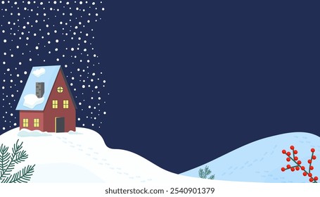 A cozy red house covered in snow during a peaceful winter night in a snowy landscape