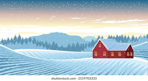 A cozy red house in a serene snowy landscape, surrounded by trees, under a beautiful sunrise sky.