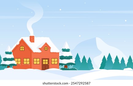 A cozy red house with a snowy roof sits nestled among snow-covered pine trees. Smoke curls from the chimney, adding warmth to the winter scene. Perfect for winter-themed designs and holiday cards.