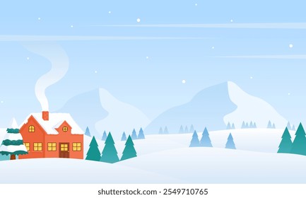 A cozy red house with a snowy roof, nestled in a flat illustration winter landscape. Pine trees and distant mountains complete the scene. . Perfect for winter-themed designs and holiday cards.