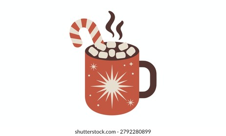 Cozy red mug of hot cocoa topped with fluffy marshmallows and a striped candy cane for winter holiday and Christmas theme.