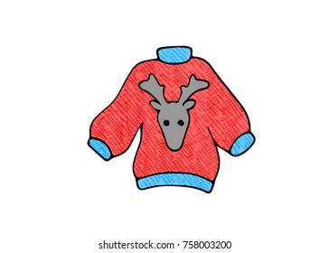 Cozy red sweater with deer head. Deer sweater vector doodle on white. Ugly sweater icon. Red and blue longsleeve for cold weather. Warm winter clothes logo. Knitted outerwear. Cozy housewear