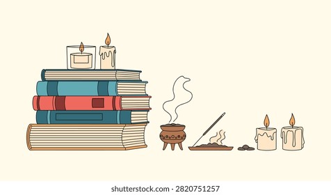 Cozy relaxation corner with a stack of old books, burning candles, incense burner, and smoking aroma sticks.