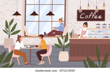 Cozy and relaxing coffee shop interior with people. Barista and customers inside modern cafe. Men and women resting in cafeteria or coffeehouse. Colored flat vector illustration of coffeeshop
