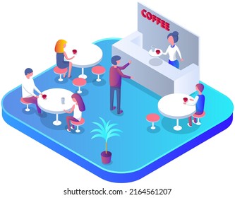 Cozy and relaxing coffee shop with people sit at tables. Customers inside modern cafe. Men and women resting in cafeteria. Friends meeting in coffeehouse. Colleague lunch break. Family in restaurant