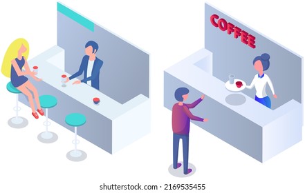 Cozy and relaxing coffee shop with people sit at tables. Customers inside modern cafe. Men and women resting in cafeteria. Friends meeting in coffeehouse. Colleague lunch break. Family in restaurant