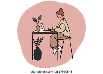 Cozy Remote Work Illustration – Woman Working from Home on Laptop.