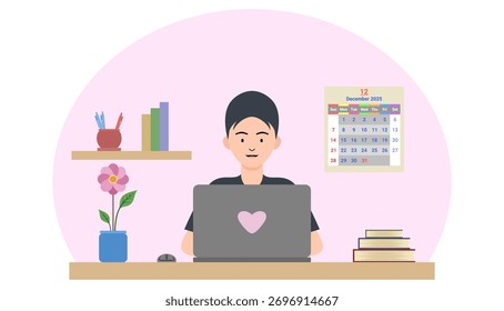 Acogedor trabajador remoto en el escritorio, sentimiento alegre perfecto para finanzas, horarios o publicidad de ingresos.