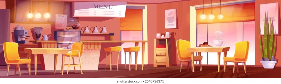 Cozy restaurant interior with coffee and bakery illustration. Canteen inside with tea cup to drink and dessert food on counter. Wooden cafeteria furniture in american style. Coffeeshop in morning