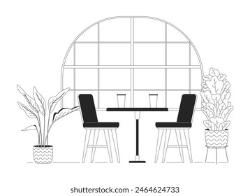 Cozy restaurant interior line black and white line illustration. Table near window in coffeeshop 2D lineart objects isolated. Dinner at fancy cafeteria monochrome scene vector outline image