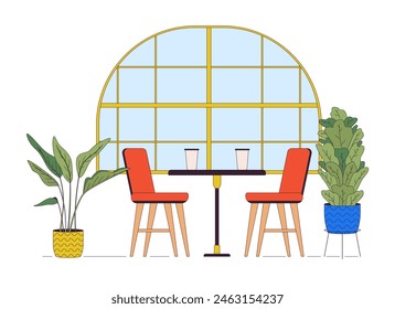 Acogedora línea interior del restaurante ilustración plana de dibujos animados. Mesa cerca de la ventana en coffeeshop 2D objetos lineart aislados sobre fondo blanco. Cena en la cafetería de lujo escena Vector color Imagen