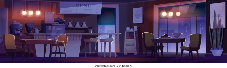 Gemütliches Restaurant-Interieur in der Nacht mit Glühbirne, bequeme Sitzgelegenheiten und Kaffeezubehör hinter der Theke. Dunkle abendliche Stadtgebäude, die durch Fenster sichtbar sind. Leeres Café.