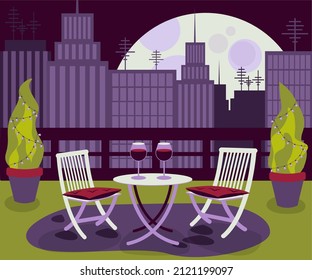 Cozy restaurant on rooftop with table and two chair in the big city with the cityscape evening or night