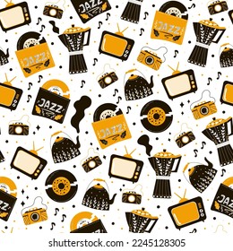 Cozy retro style objects, vinyl music and camera, coffee maker and kettle pattern on white background
