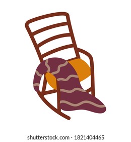 Cozy rocking chair and plaid. A comfortable place to relax and read at home or on porch. Colorful vector isolated illustration in cartoon style on white background. Boho
