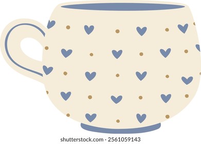 Cozy and romantic beige mug adorned with charming small blue hearts and dots, creating the perfect setting for enjoying a warm beverage on Valentine s Day