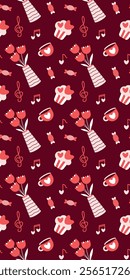 Cozy Romantic Pattern with Tulips, Cupcakes, and Musical Notes on Burgundy Valentines Day seamless pattern Vertical social media stories reels design element, 14 February, anniversary. Vertical poster