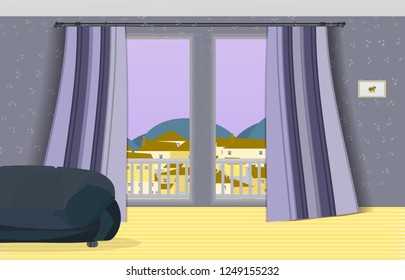 
Cozy Room with Blue Sofa and Window View - Flat Vector Background