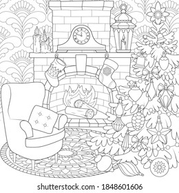 A cozy room with a burning fireplace and a decorated Christmas tree. A clock on the mantelpiece and lit candles. Winter holiday illustration, Coloring page, black and white, line art, print and color