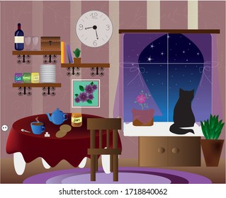 cozy room, cat on the window, house, apartment, interior