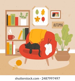 Cozy room with cat sleeping in armchair. Vector square illustration of autumn home interior