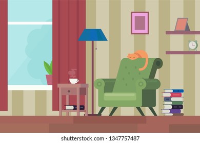 
cozy room with a chair books and a cat