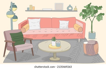 Acogedora habitación colorida Dibujo de ilustraciones interiores vectorial con un sillón, sofá, lámparas interiores, plantas verdes y una cafetera, cuadros enmarcados y velas en un estante.