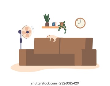 Cozy Room With A Comfortable Couch Where A Contented Cat Enjoys The Gentle Breeze From A Blower, Vector Illustration