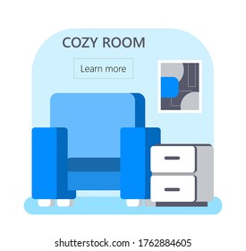 Cozy room concept vector for web, app. Apartment, hostel booking illustration in flat style. Chair and bedside table in dorm or hotel room.