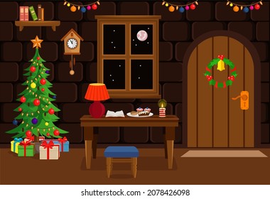 Cozy room decorated for the new year and Christmas . Vector illustration.
