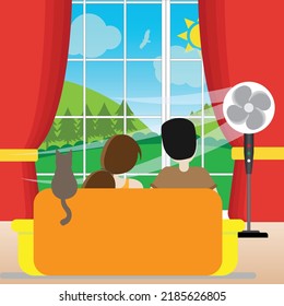 Cozy room with electric fan for a man a woman and a cat with a view of mountains