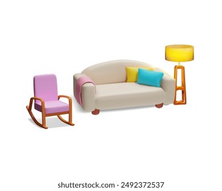 Cozy room environment. Vector 3D pink rocking chair with wooden legs combined with sofa and lamp perfect for room design illustrations. Cartoon style. Isolated on white background.